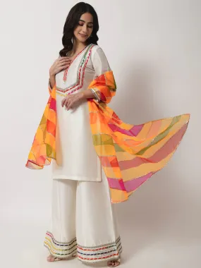 Ivory Croma Silk Embellished Kurta with Kalidar Palazzo with Leheriya Oraganza Dupatta