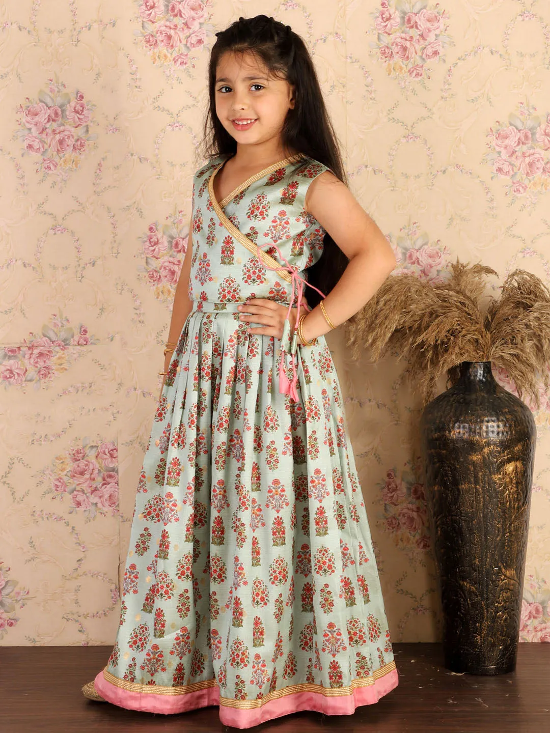 Jashvi Girl's Aqua Printed Silk Blend Crop Top & Pleated Long Skirt Set