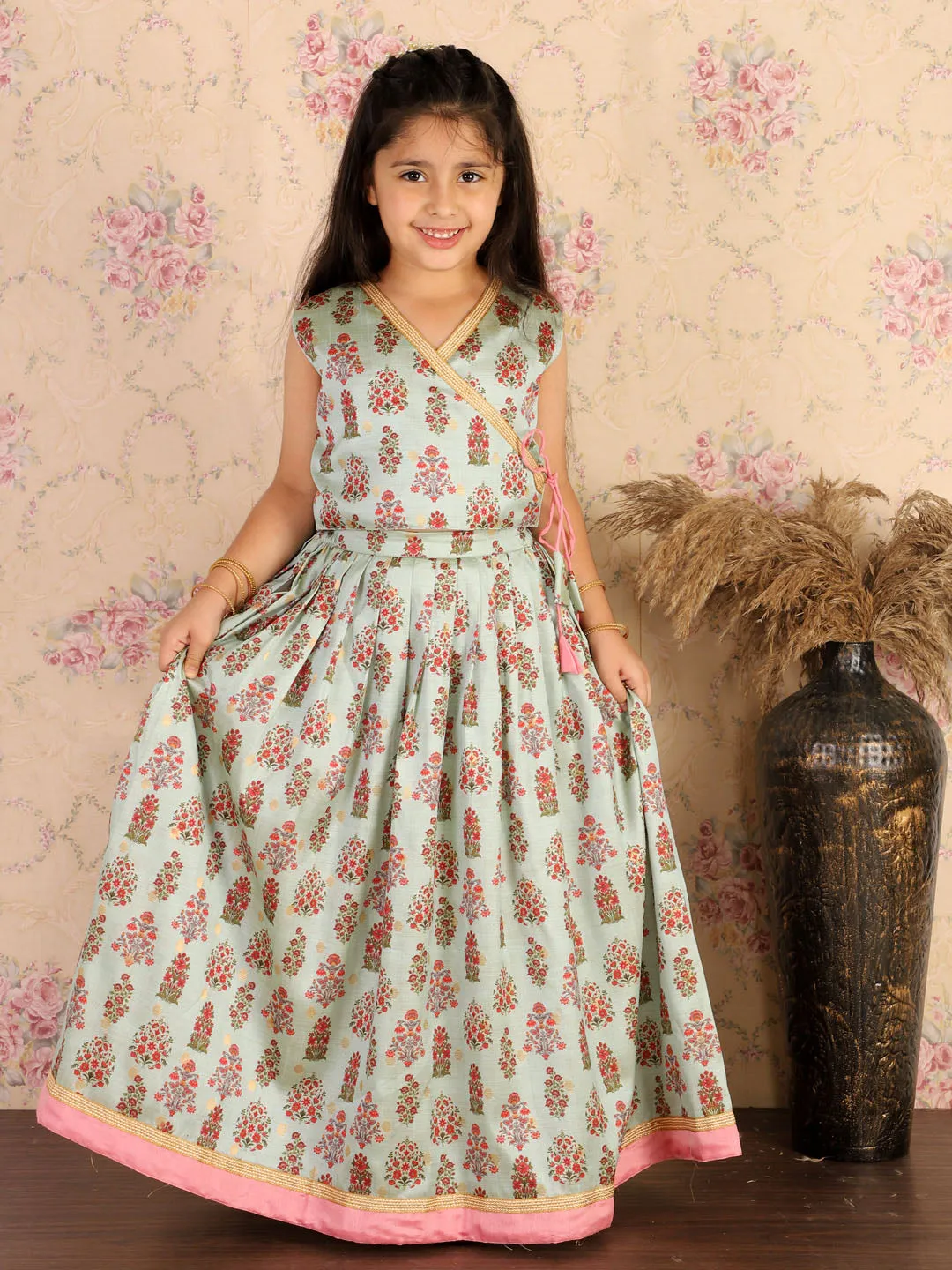 Jashvi Girl's Aqua Printed Silk Blend Crop Top & Pleated Long Skirt Set