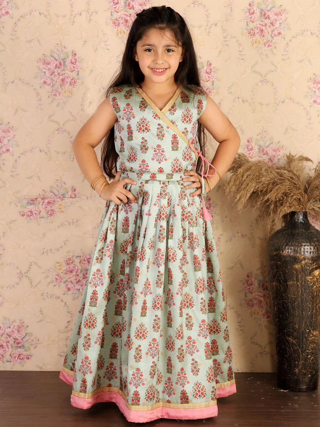 Jashvi Girl's Aqua Printed Silk Blend Crop Top & Pleated Long Skirt Set