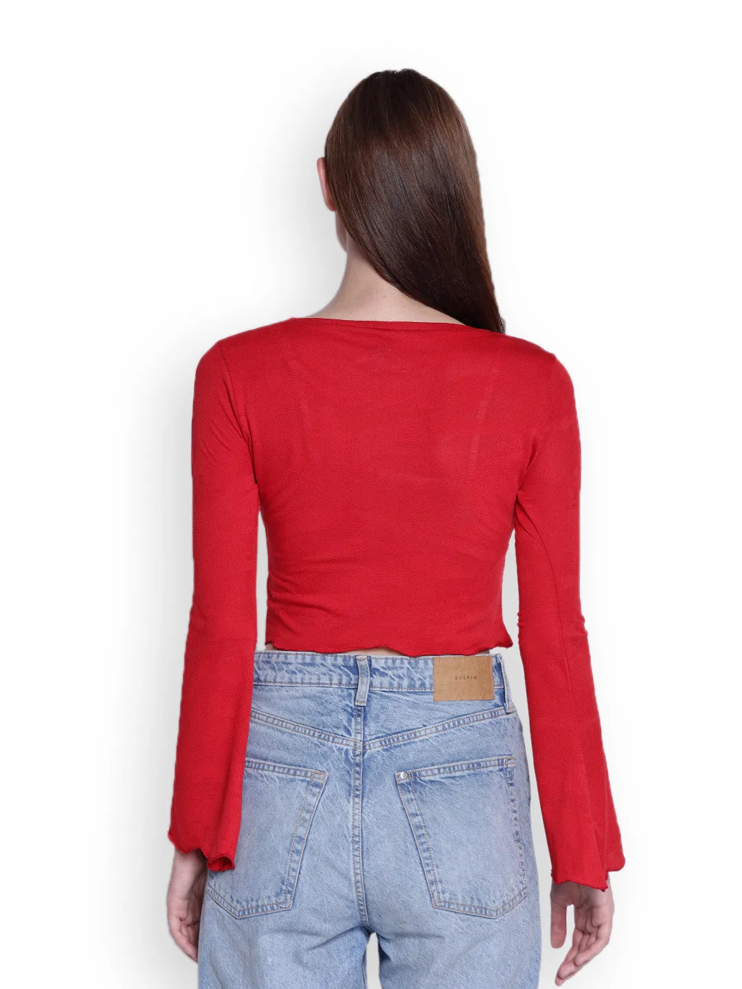 JUMP USA Womens Flared Sleeves Red Solid Crop Tops