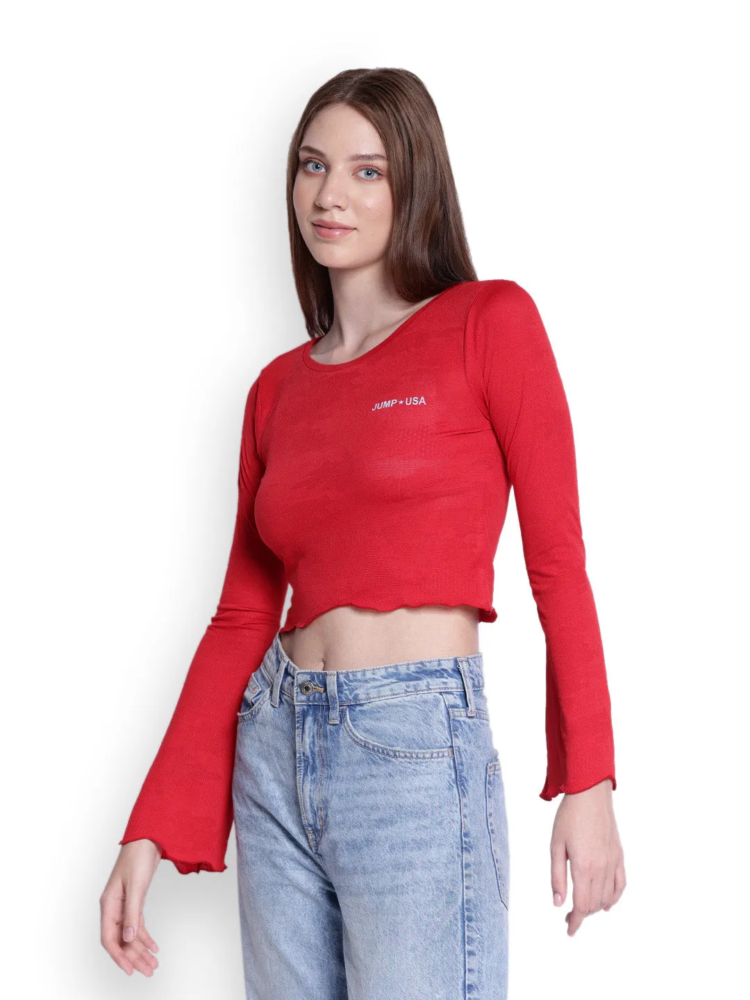 JUMP USA Womens Flared Sleeves Red Solid Crop Tops