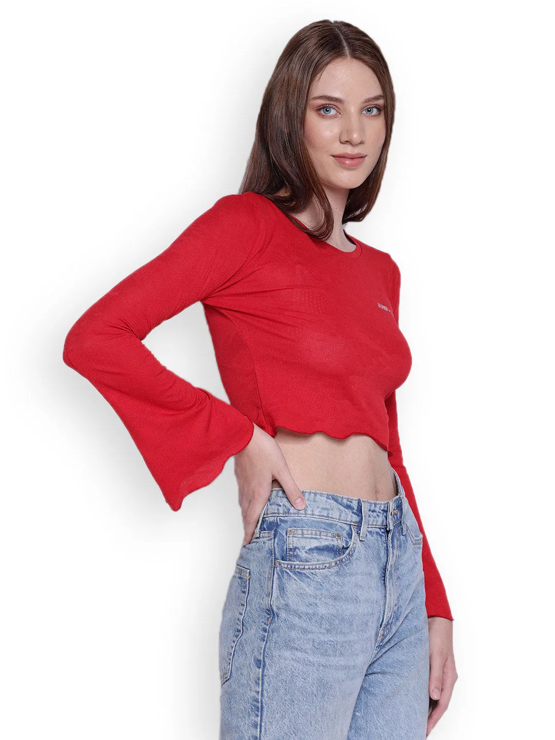 JUMP USA Womens Flared Sleeves Red Solid Crop Tops