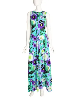 Ken Scott Vintage 1970s Vibrant Aqua Purple Floral Print Maxi Dress