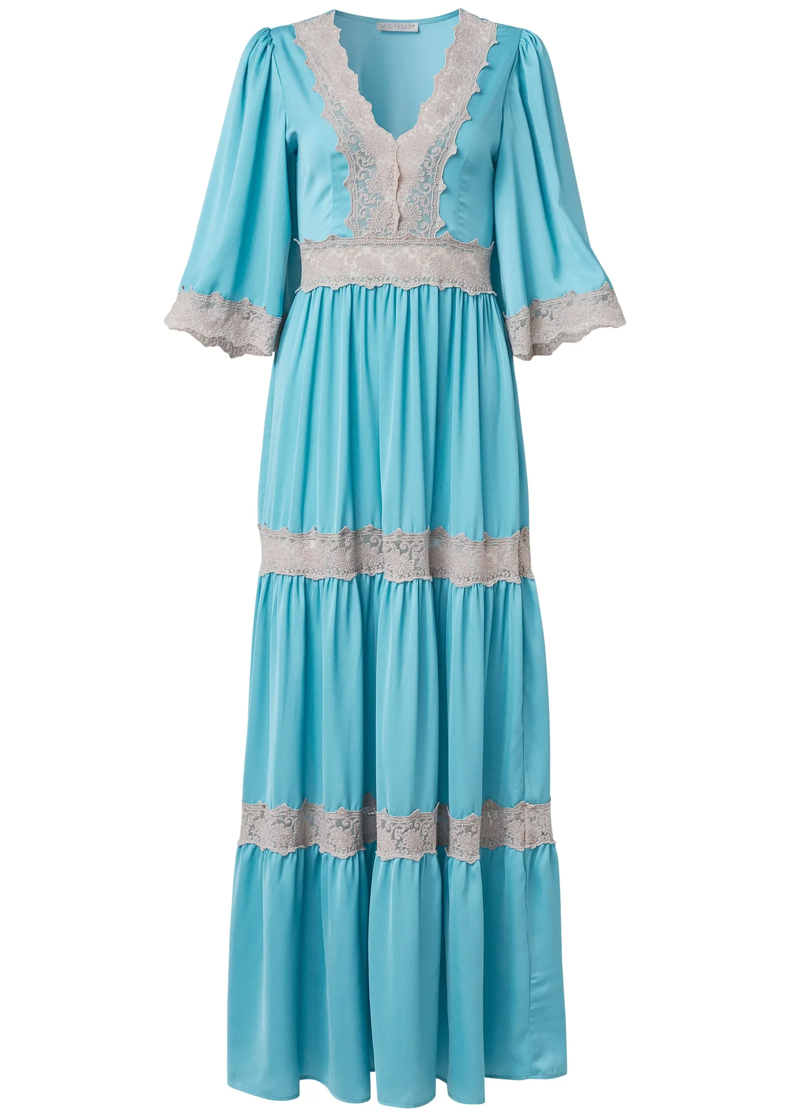 Lace Detail Maxi Dress - Aqua Multi