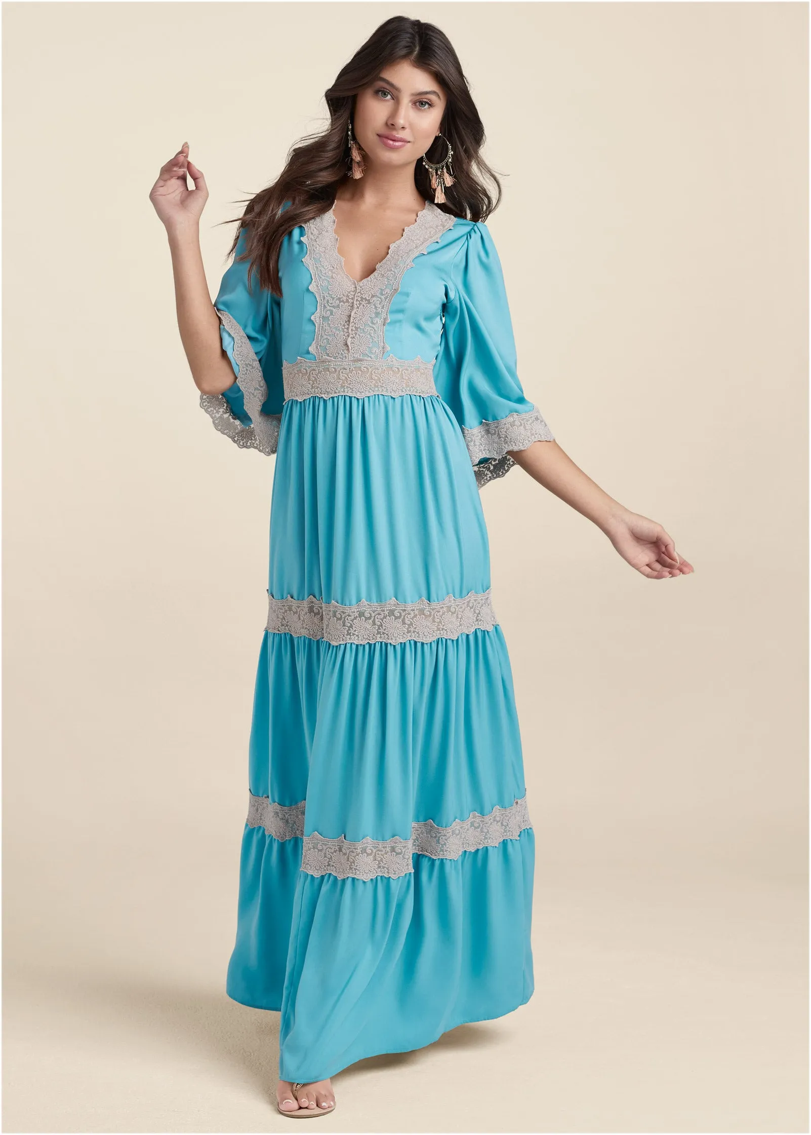 Lace Detail Maxi Dress - Aqua Multi