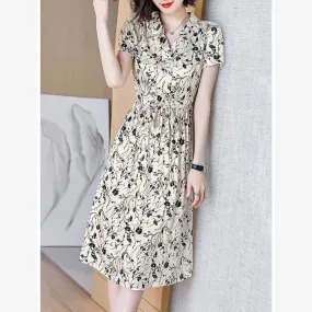 Light Elastic Print Satin Finish Cinched Waist Dress