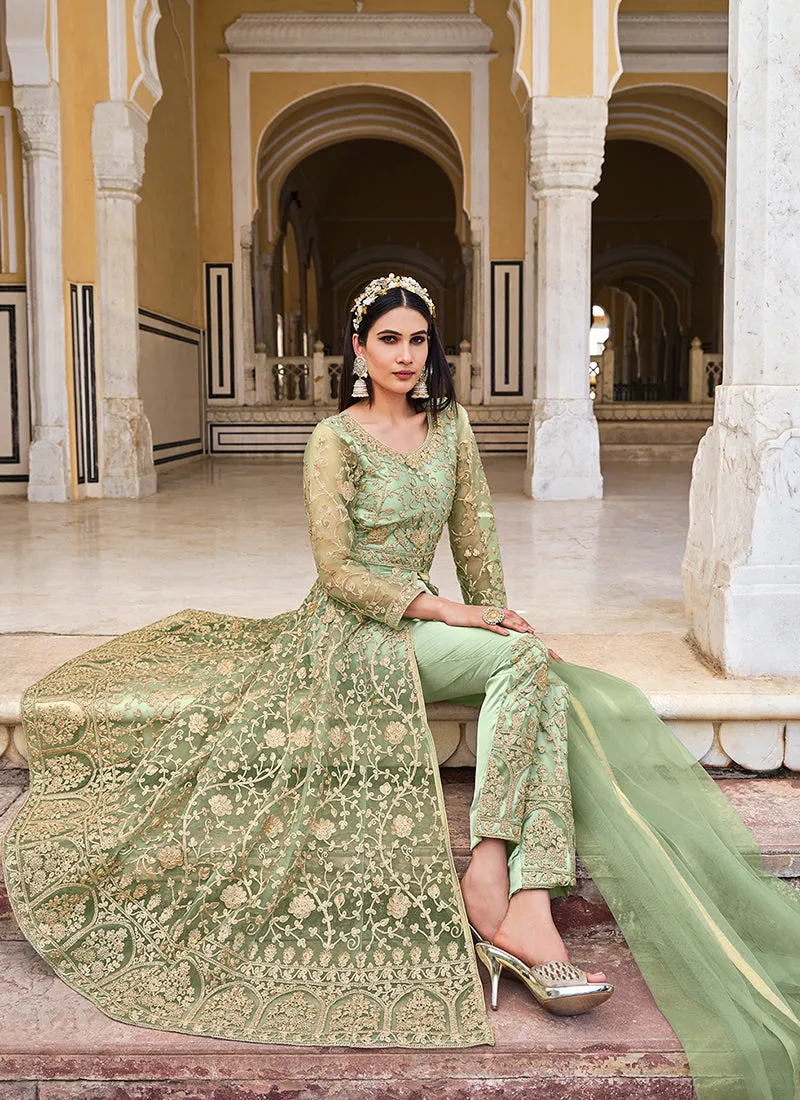 Light Green Embroidered Designer Anarkali Lehenga/Pant Suit