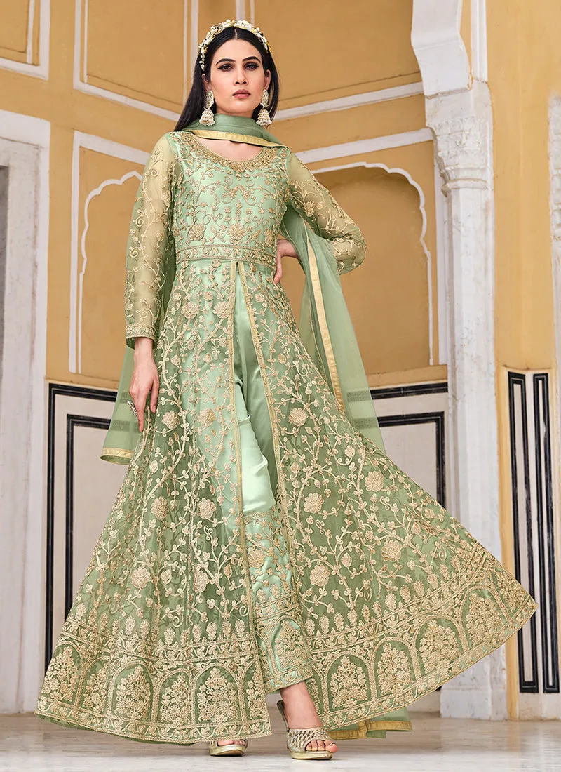 Light Green Embroidered Designer Anarkali Lehenga/Pant Suit