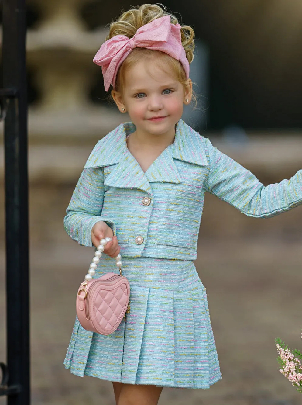 Little Sweetie Tweed Blazer and Pleated Skirt Set