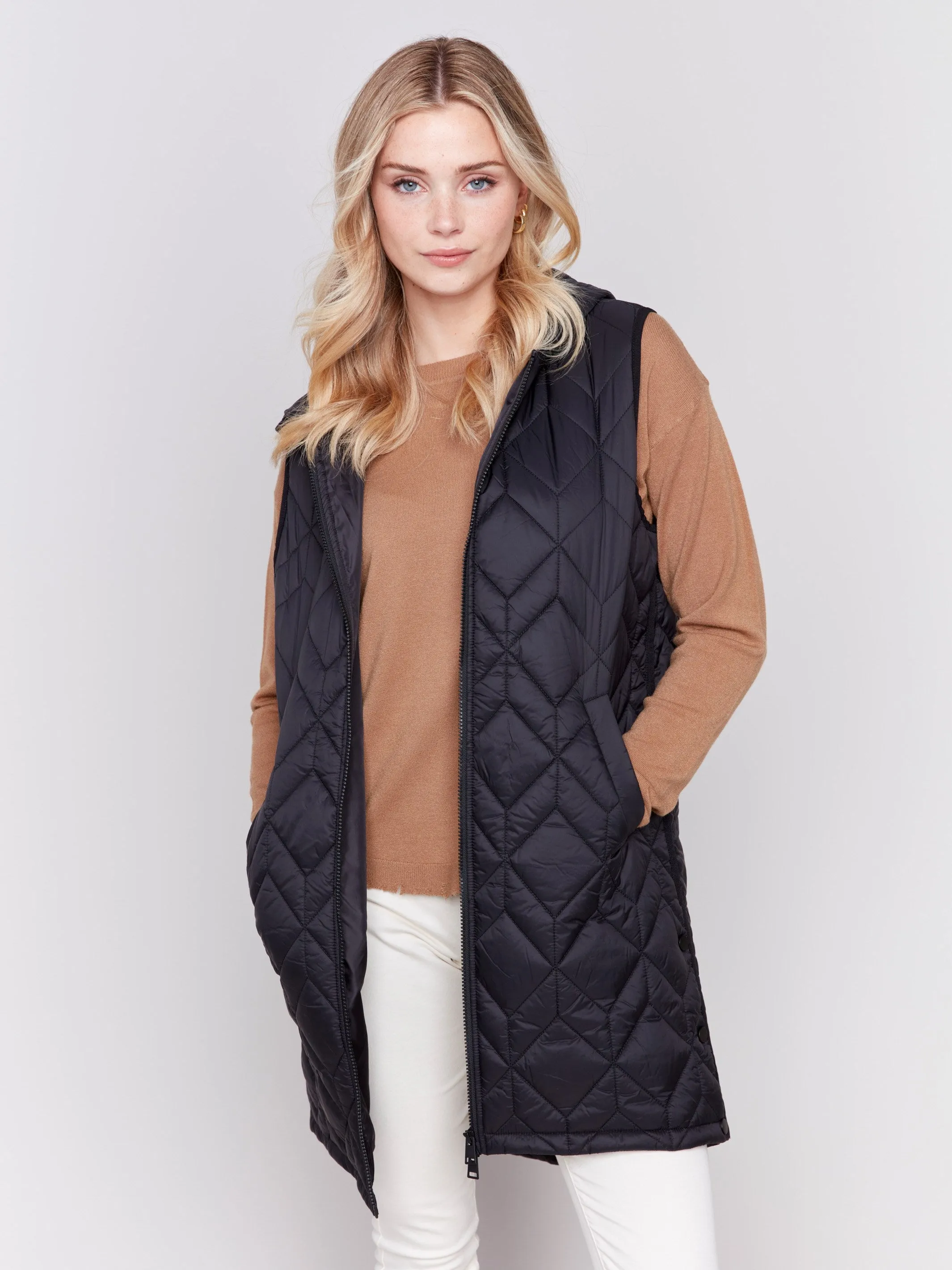 Long Quilted Puffer Vest with Hood - Black