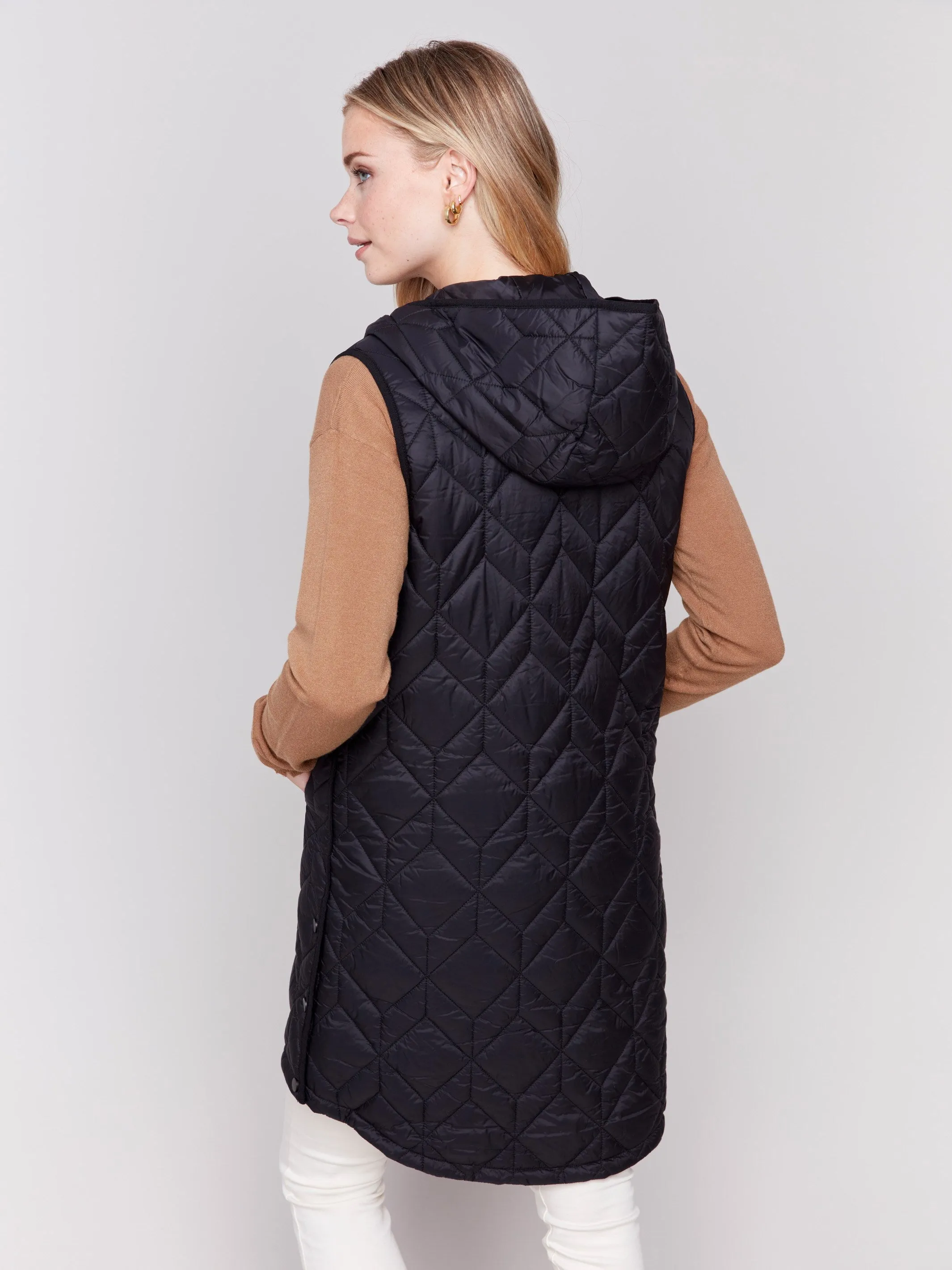 Long Quilted Puffer Vest with Hood - Black