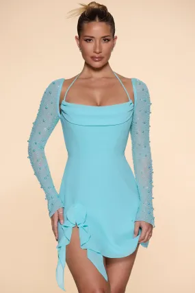 Long Sleeve Cowl Neck A-Line Mini Dress in Aqua