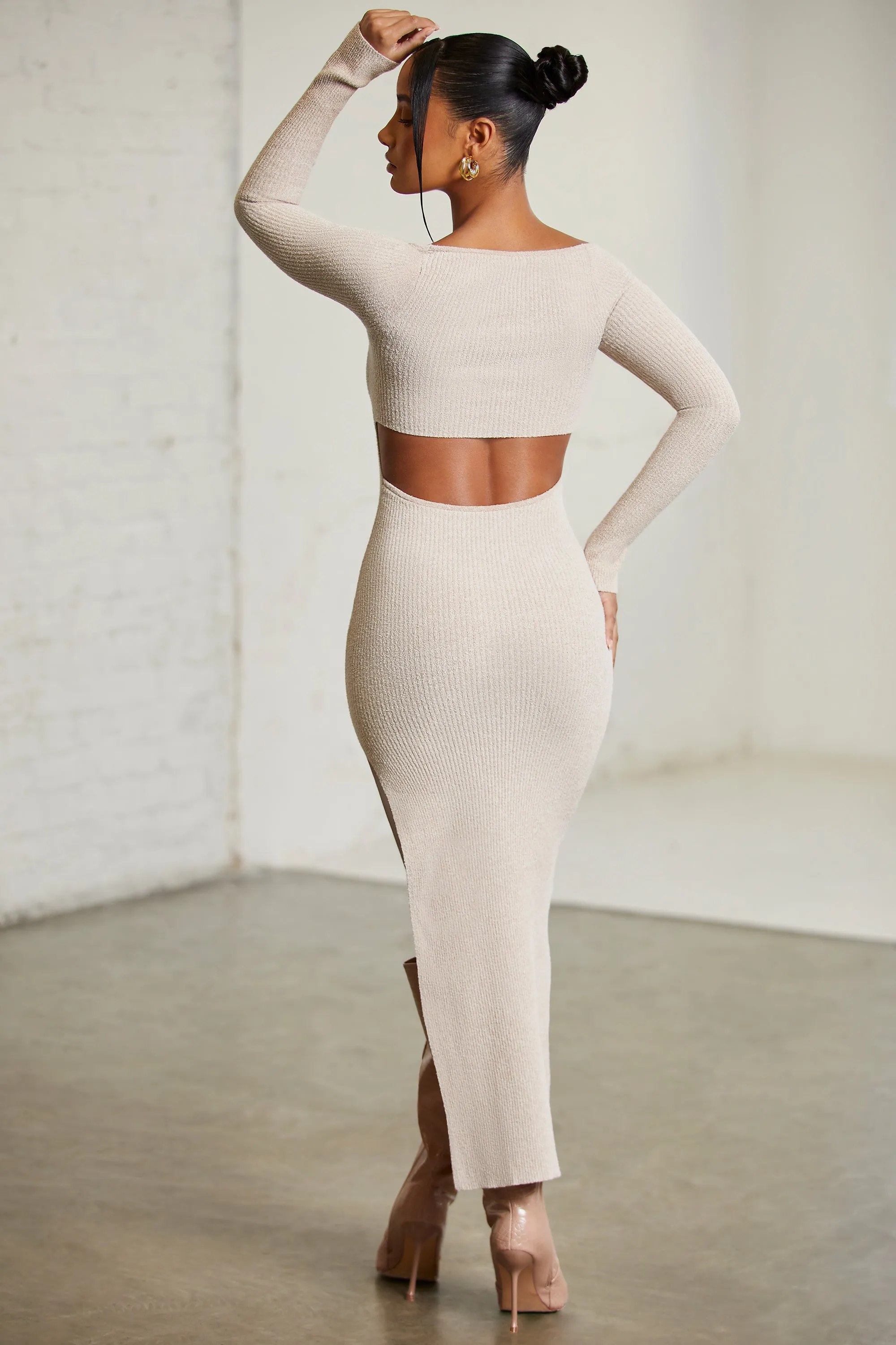 Long Sleeve Cut Out Maxi Dress in Beige