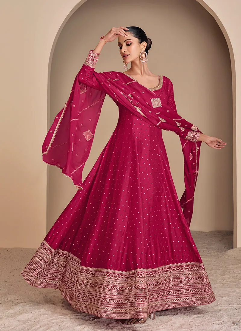 Magenta Pink Embroidery Silk Anarkali Suit