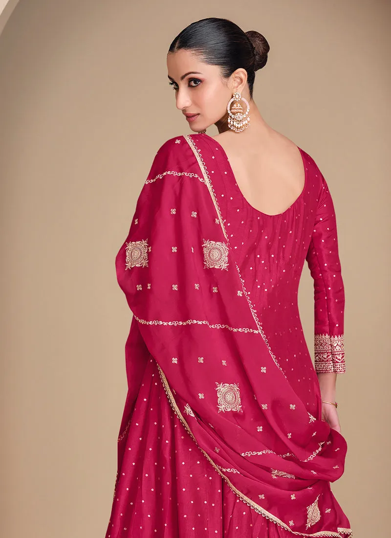 Magenta Pink Embroidery Silk Anarkali Suit