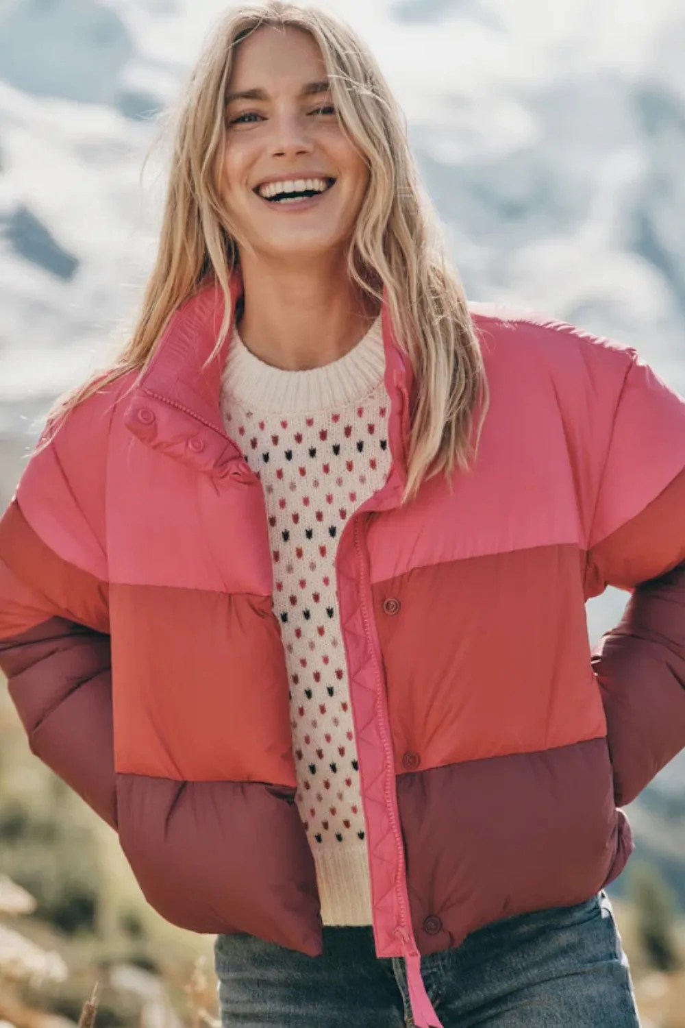 Marine Layer Gia Cropped Puffer Jacket in Warm Colorblock