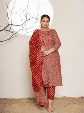 Maroon & Beige Cotton Ethnic Motif Printed, Beads & Stones Detailing Suit Set with Voile Dupatta