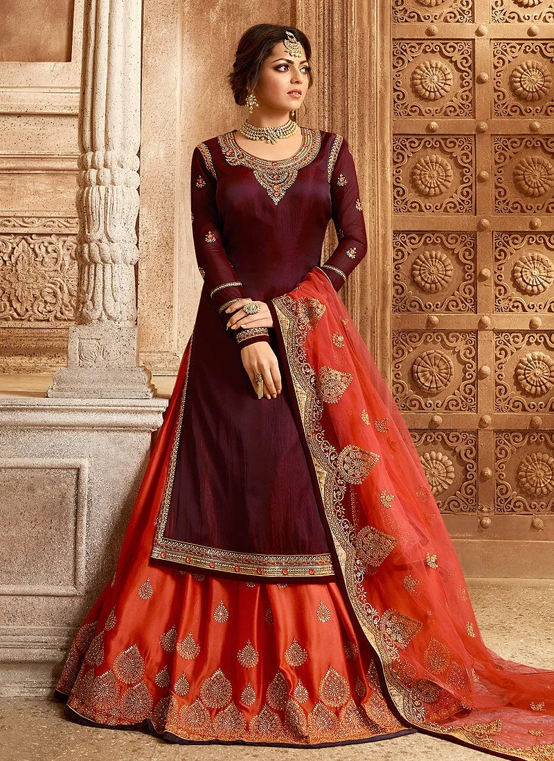 Maroon And Orange Dual Bottom Lehenga/Pant Kurti Set