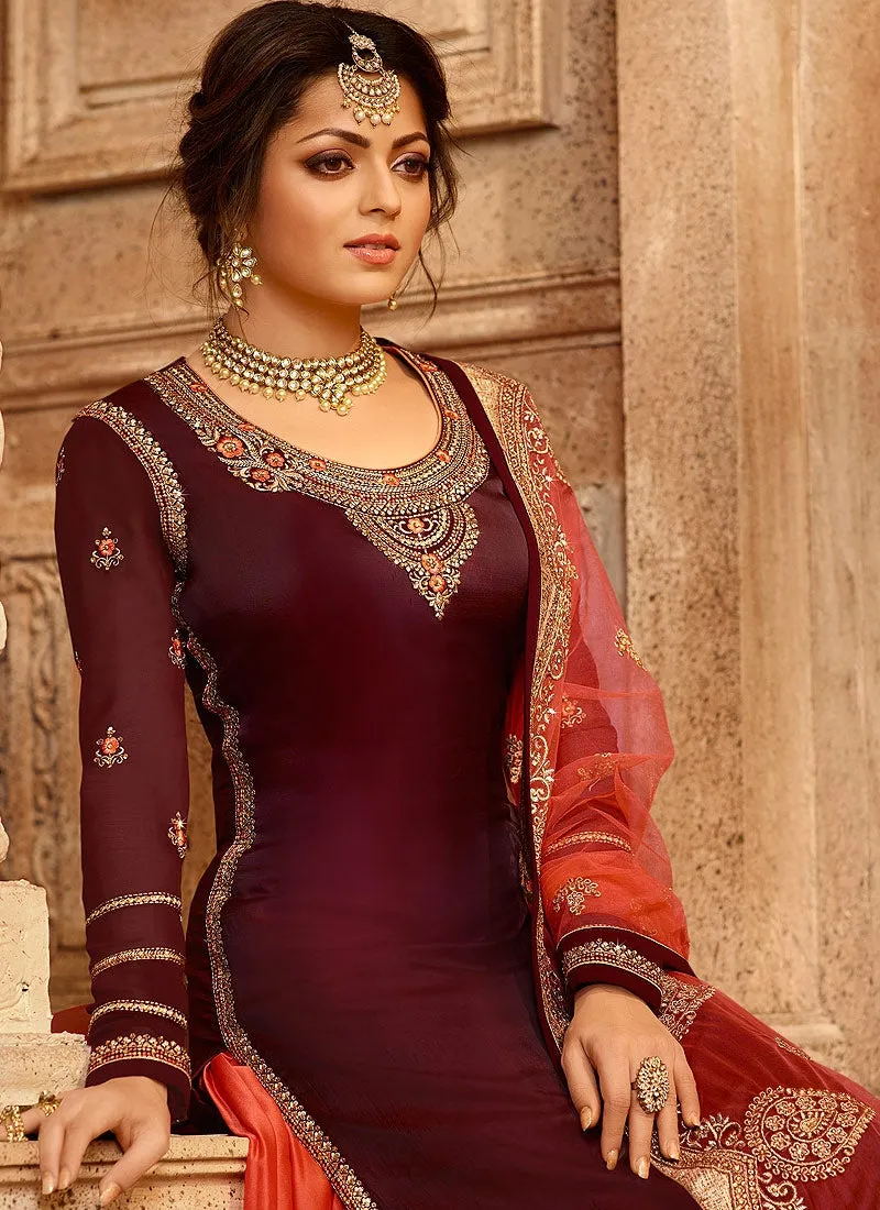 Maroon And Orange Dual Bottom Lehenga/Pant Kurti Set