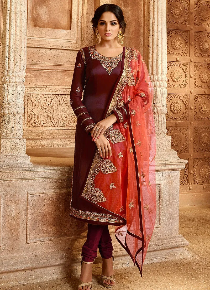 Maroon And Orange Dual Bottom Lehenga/Pant Kurti Set