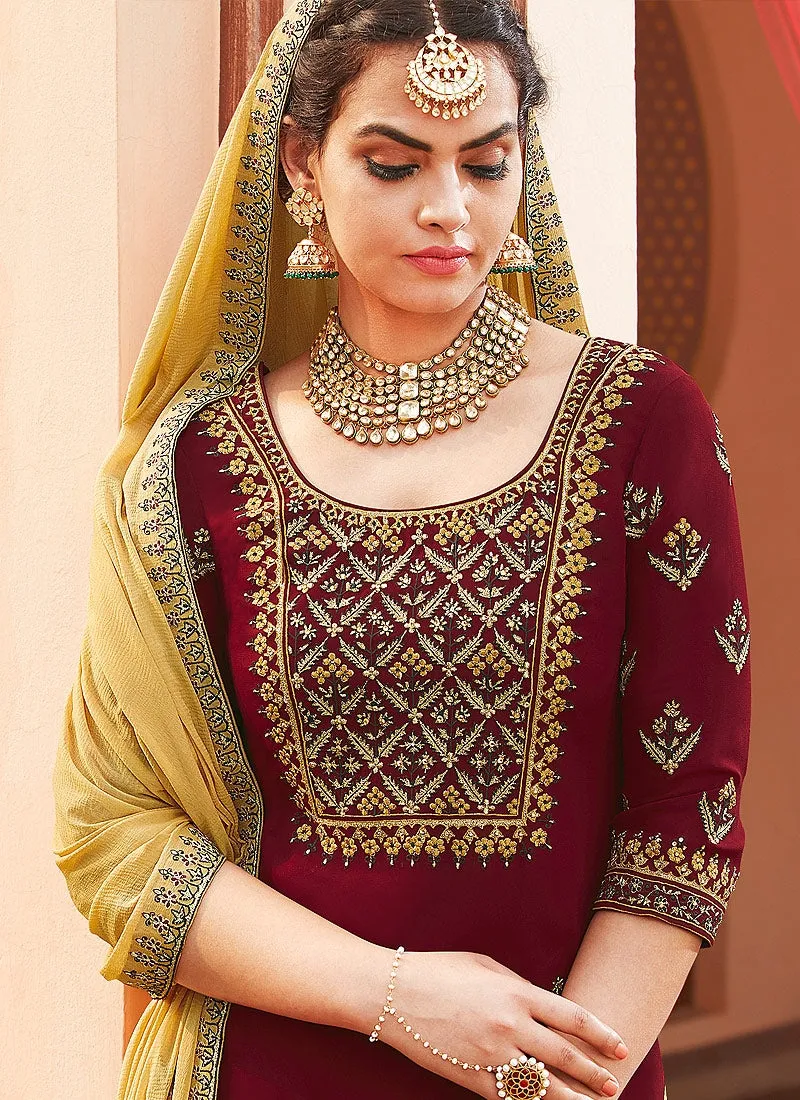 Maroon And Yellow Embroidered Palazzo Suit