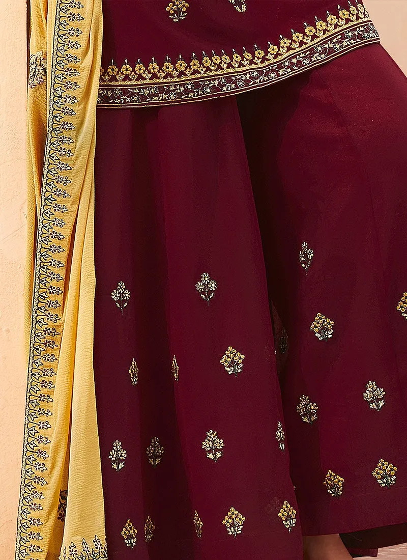 Maroon And Yellow Embroidered Palazzo Suit