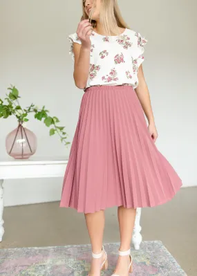 Mauve Pleated Stretch Waist Midi Skirt