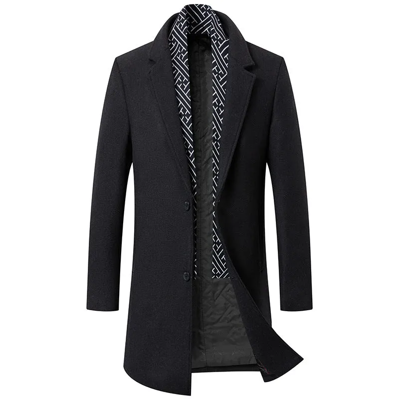 Men's Autumn and Winter Woolen Scarf Mid Length Coat