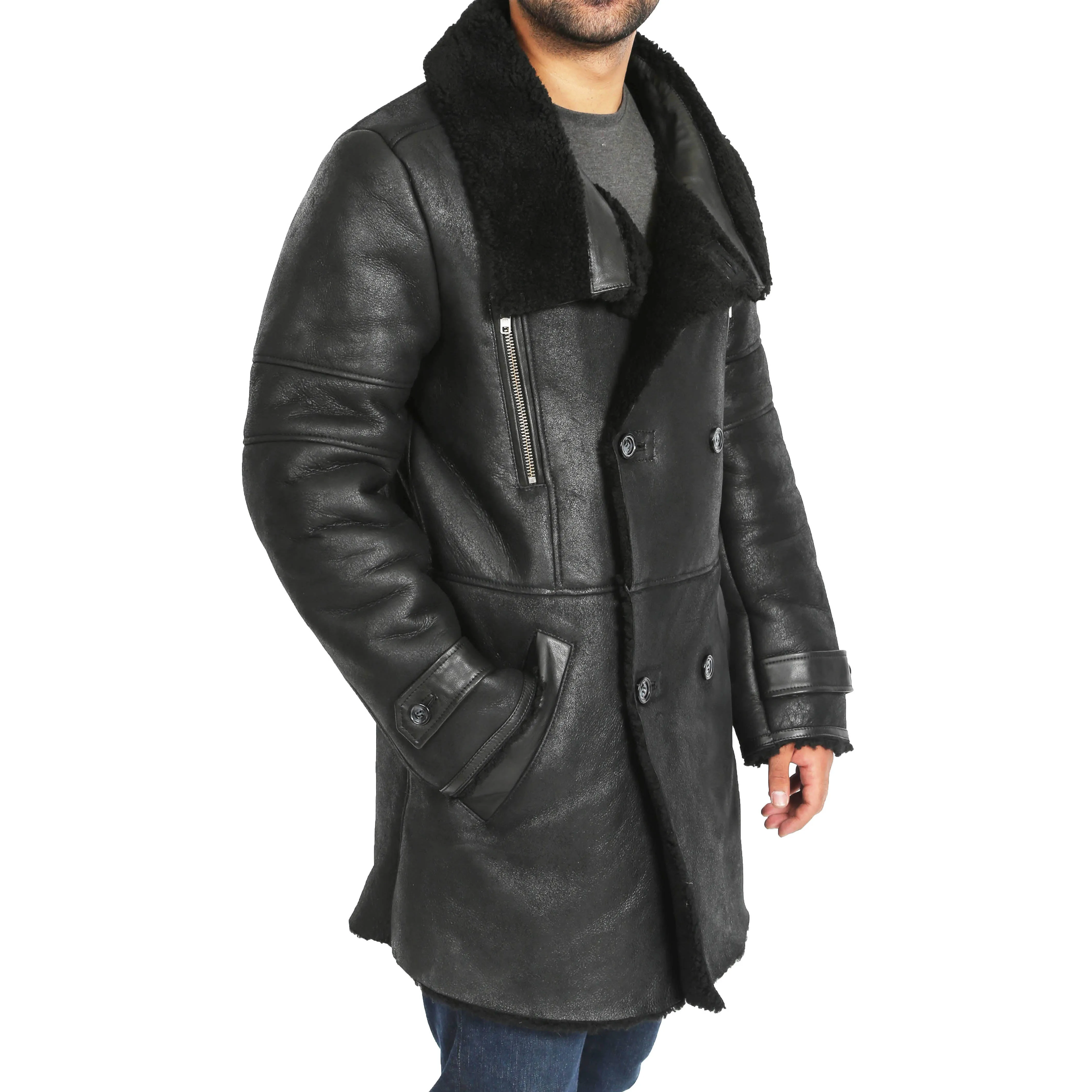 Mens Genuine Sheepskin 3/4 Long Reefer Trench Coat Bruno Black