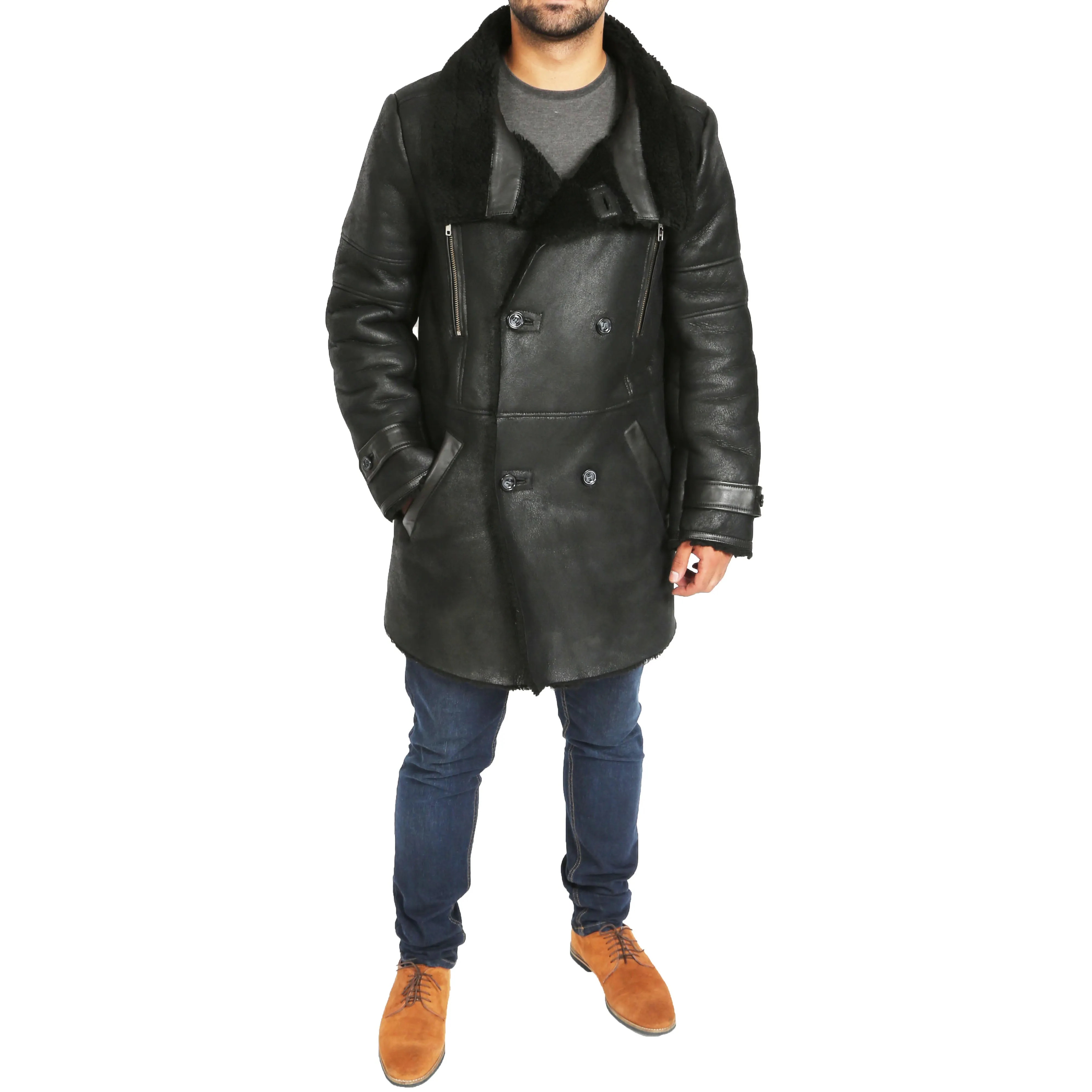 Mens Genuine Sheepskin 3/4 Long Reefer Trench Coat Bruno Black