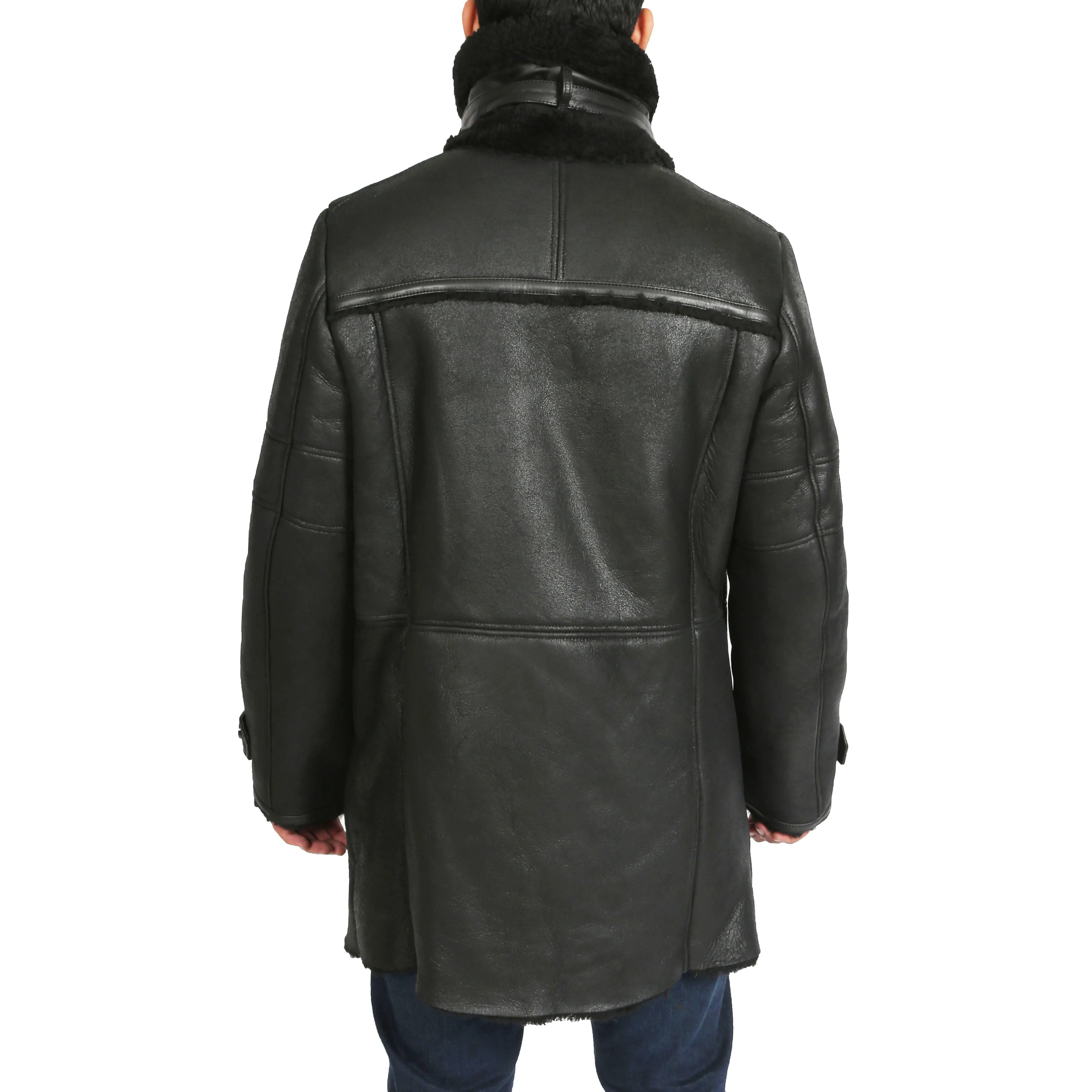 Mens Genuine Sheepskin 3/4 Long Reefer Trench Coat Bruno Black