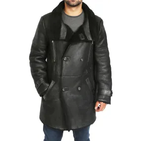 Mens Genuine Sheepskin 3/4 Long Reefer Trench Coat Bruno Black