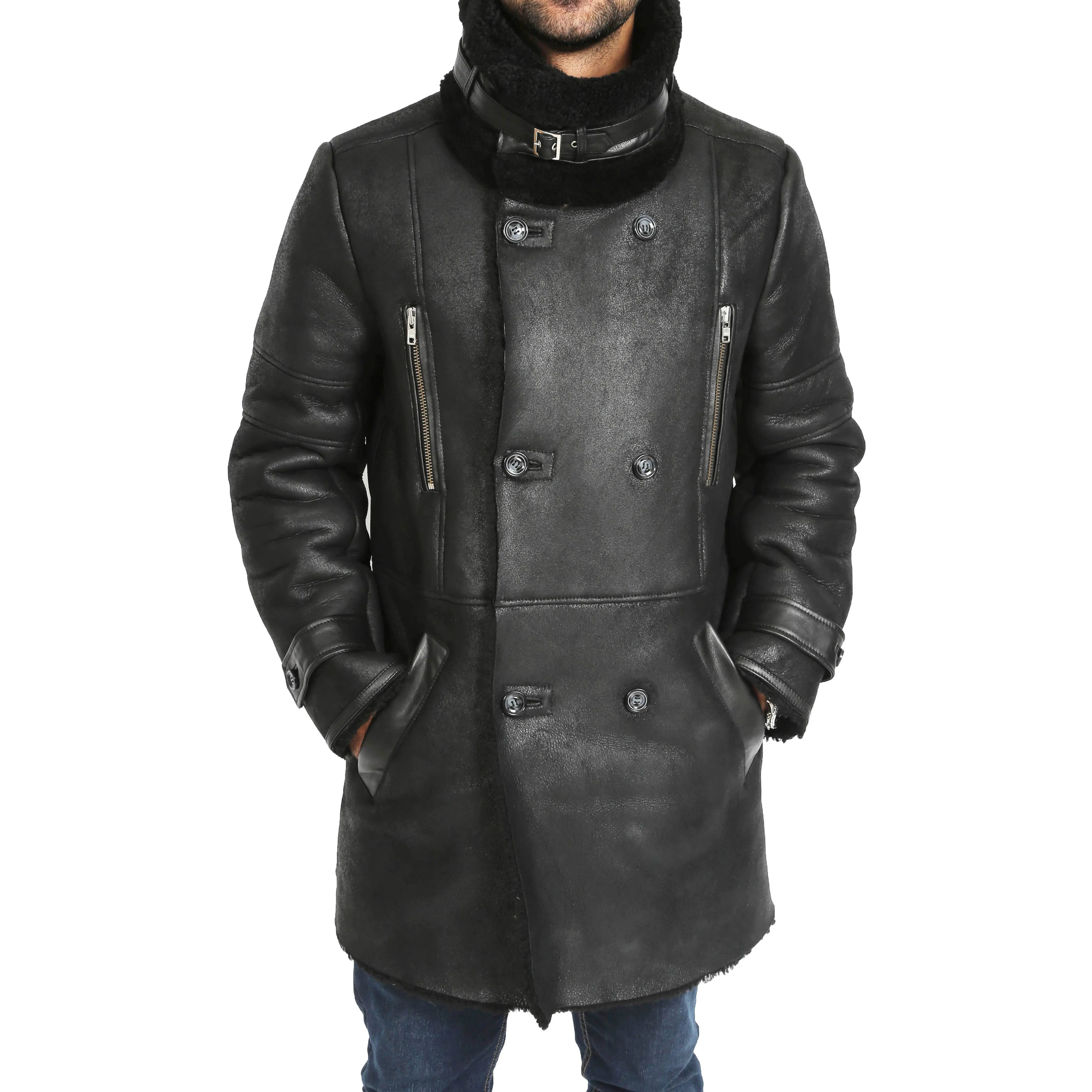 Mens Genuine Sheepskin 3/4 Long Reefer Trench Coat Bruno Black