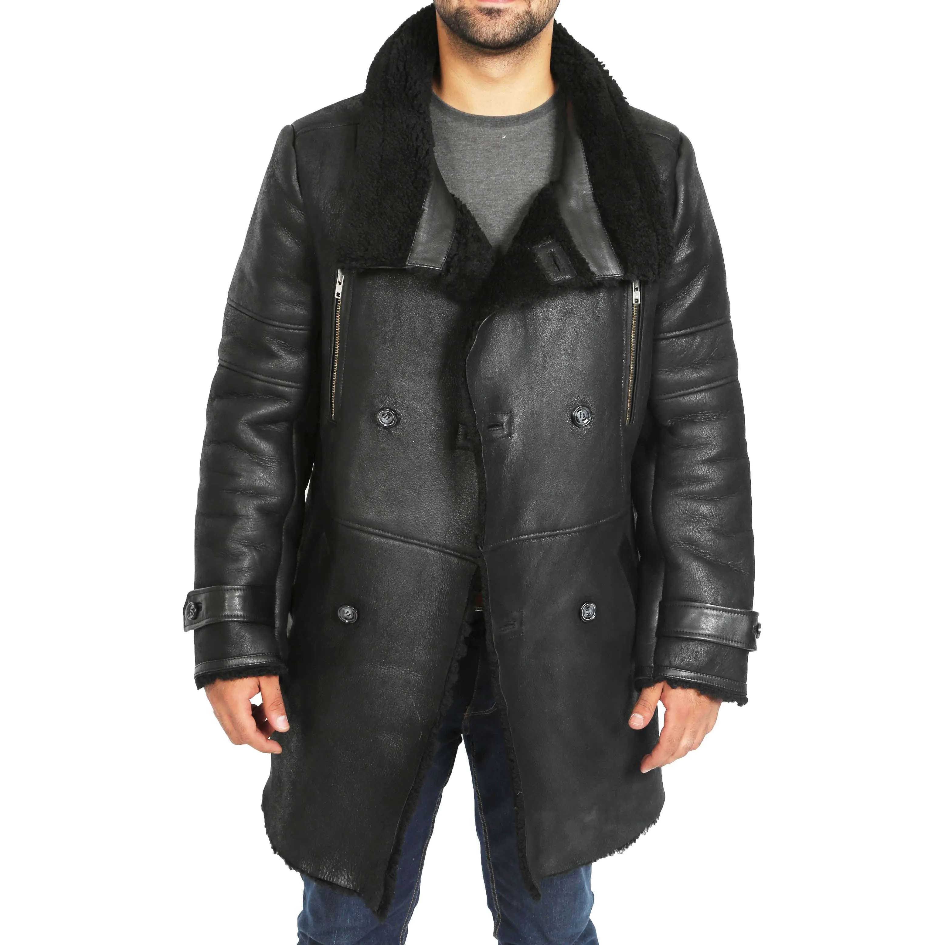 Mens Genuine Sheepskin 3/4 Long Reefer Trench Coat Bruno Black