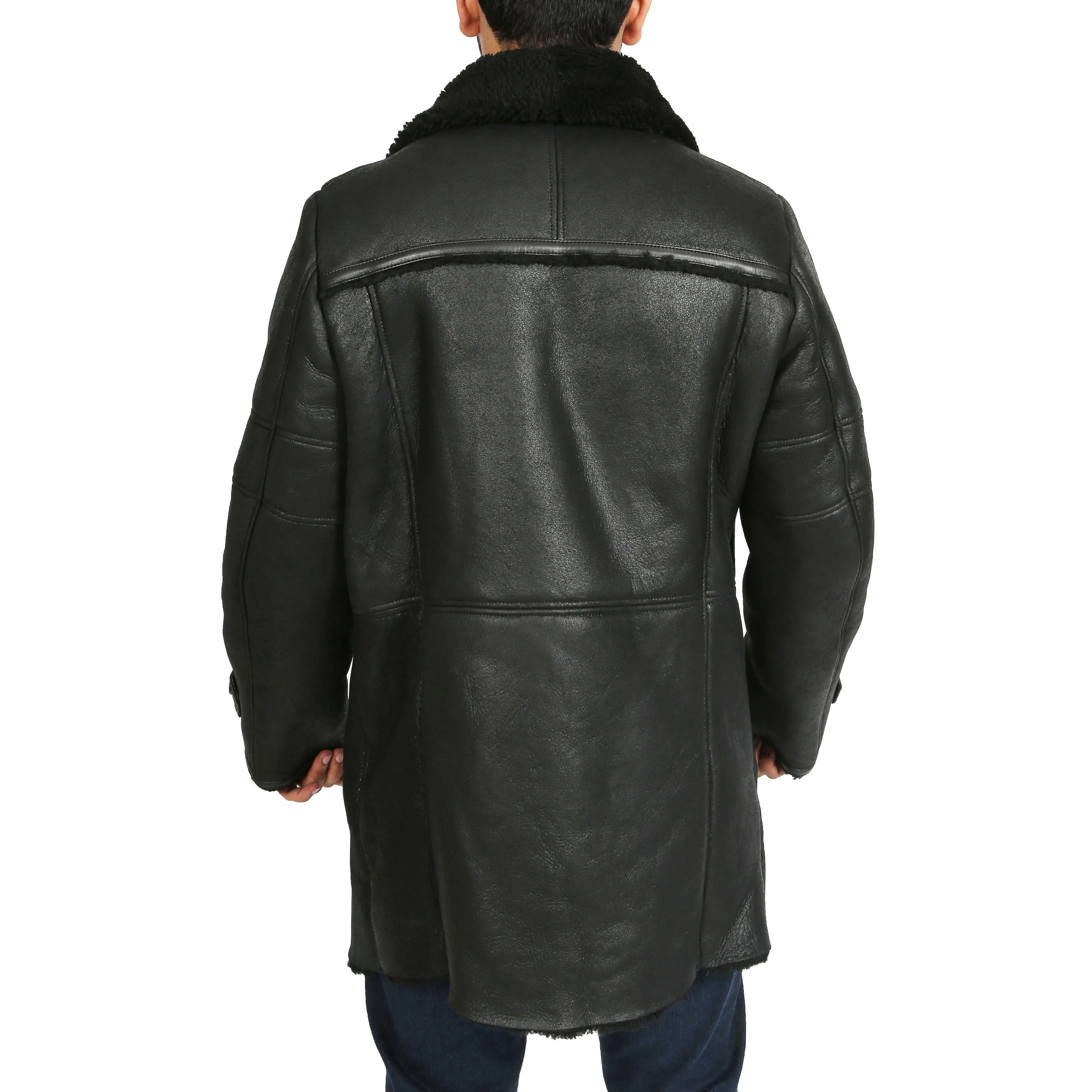 Mens Genuine Sheepskin 3/4 Long Reefer Trench Coat Bruno Black