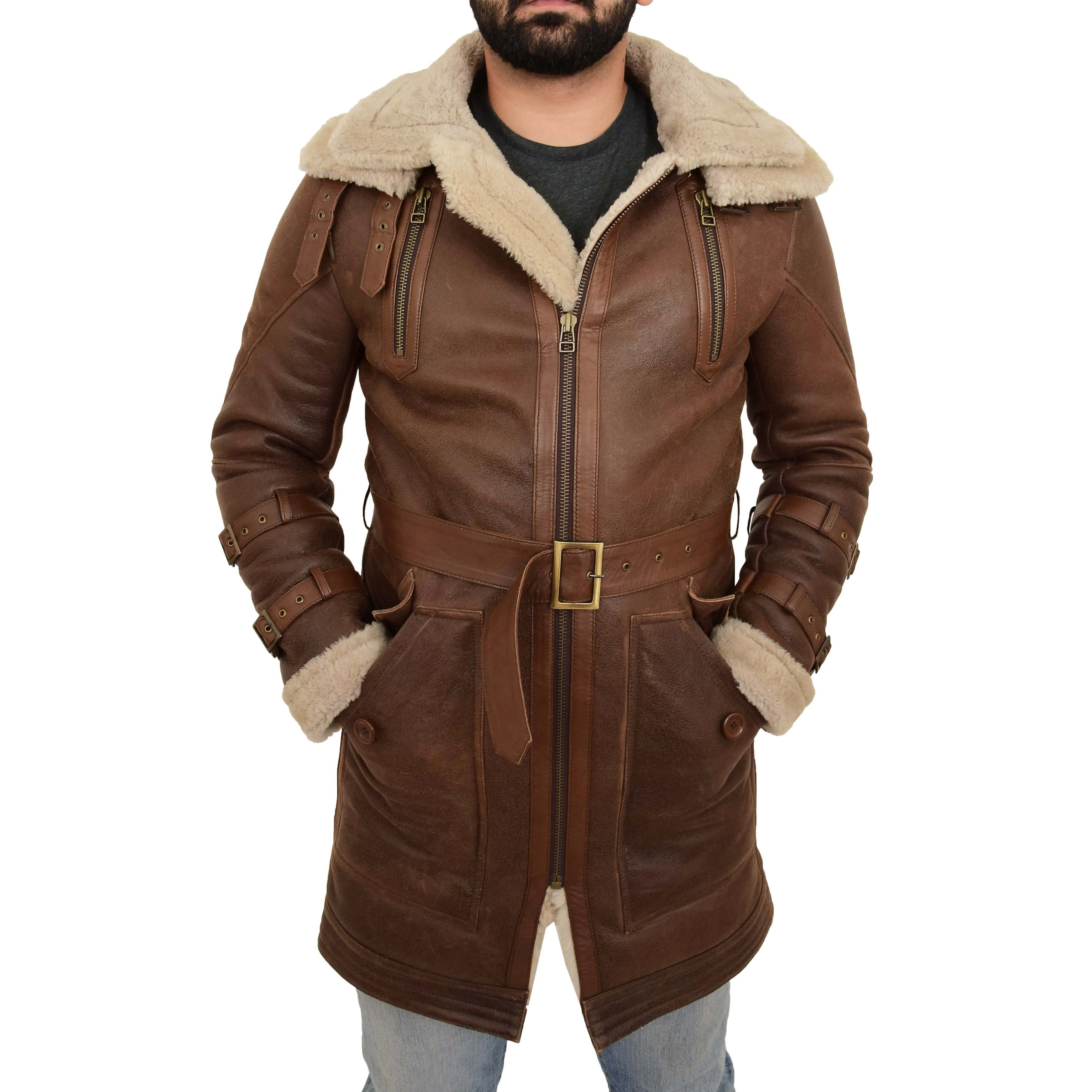 Mens Genuine Sheepskin Duffle Coat Shearling 3/4 Long Jacket Jose Brown