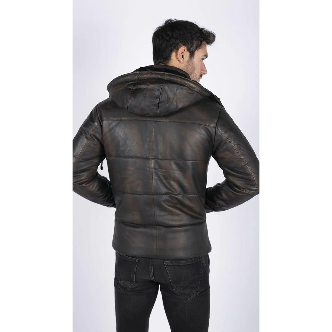 Mens Puffer Hood Jacket Real Leather Black Brown Casual Retro 80s Classic Casual