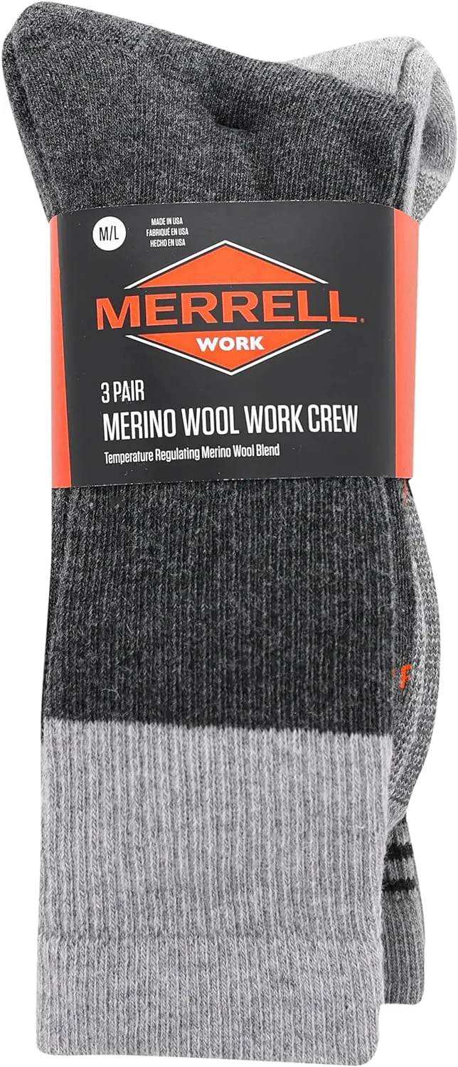 Merrell Men's and Women's Merino Wool Work Crew Socks-3 Pair Pack-Arch Support