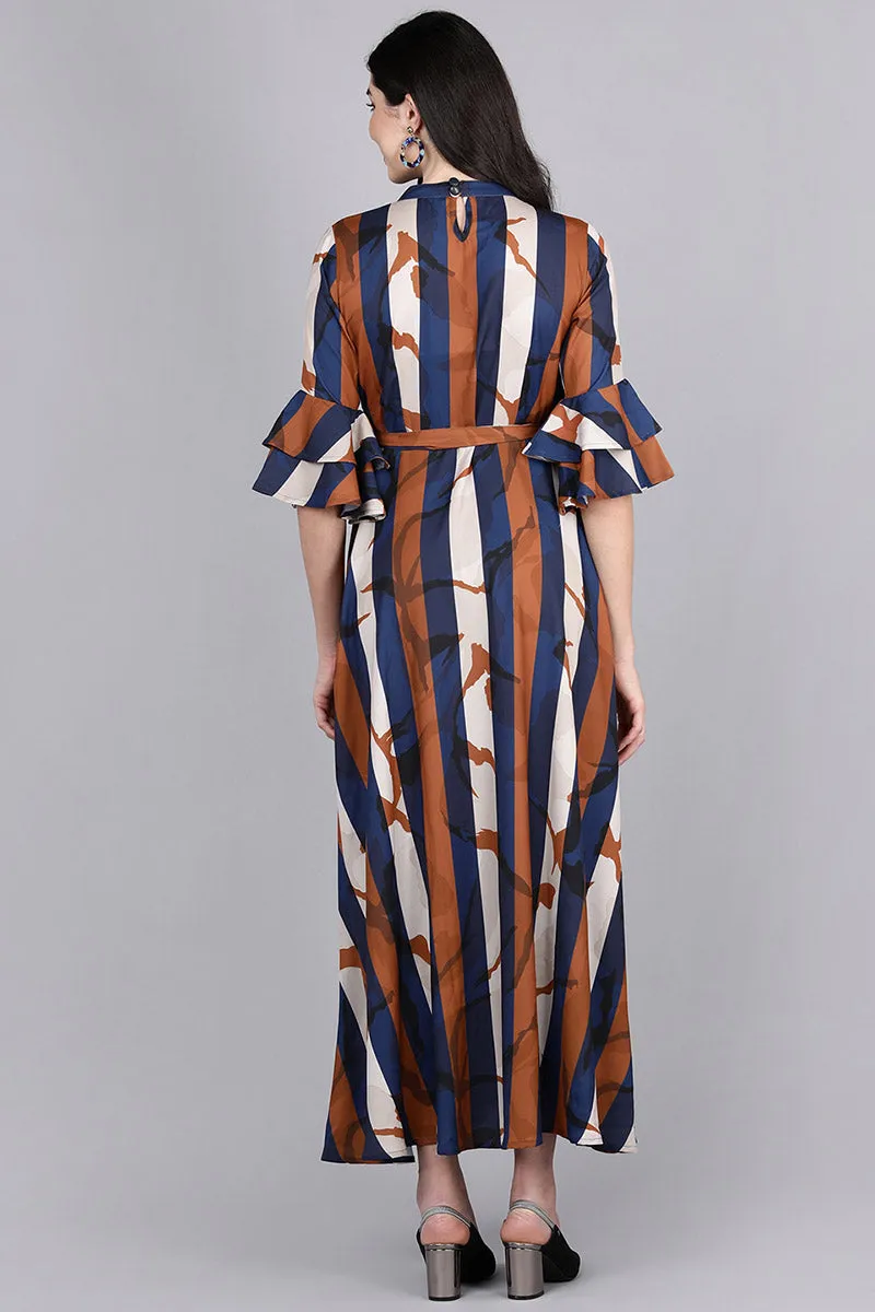 Multicolor Polyester Striped Flared Maxi Dress