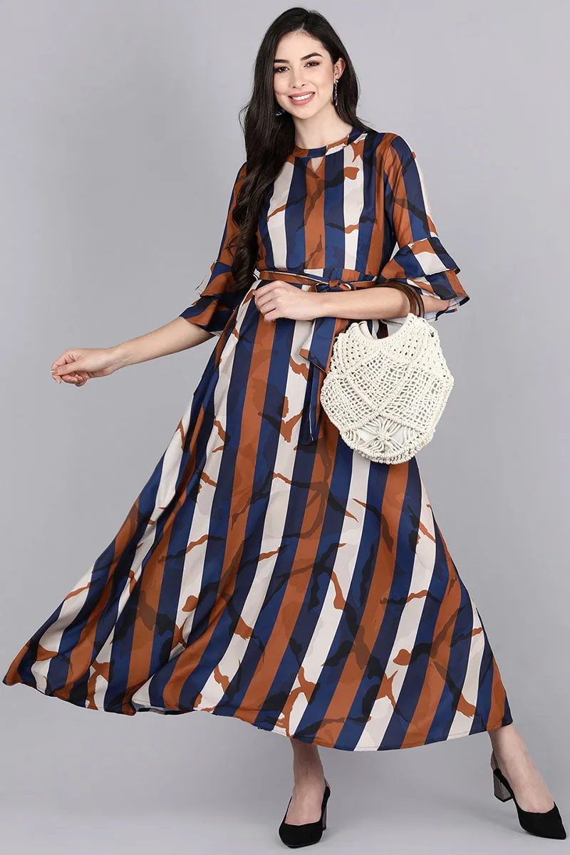 Multicolor Polyester Striped Flared Maxi Dress