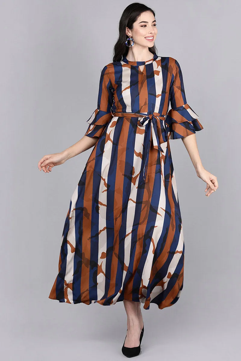 Multicolor Polyester Striped Flared Maxi Dress