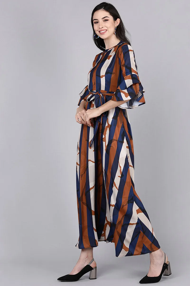 Multicolor Polyester Striped Flared Maxi Dress