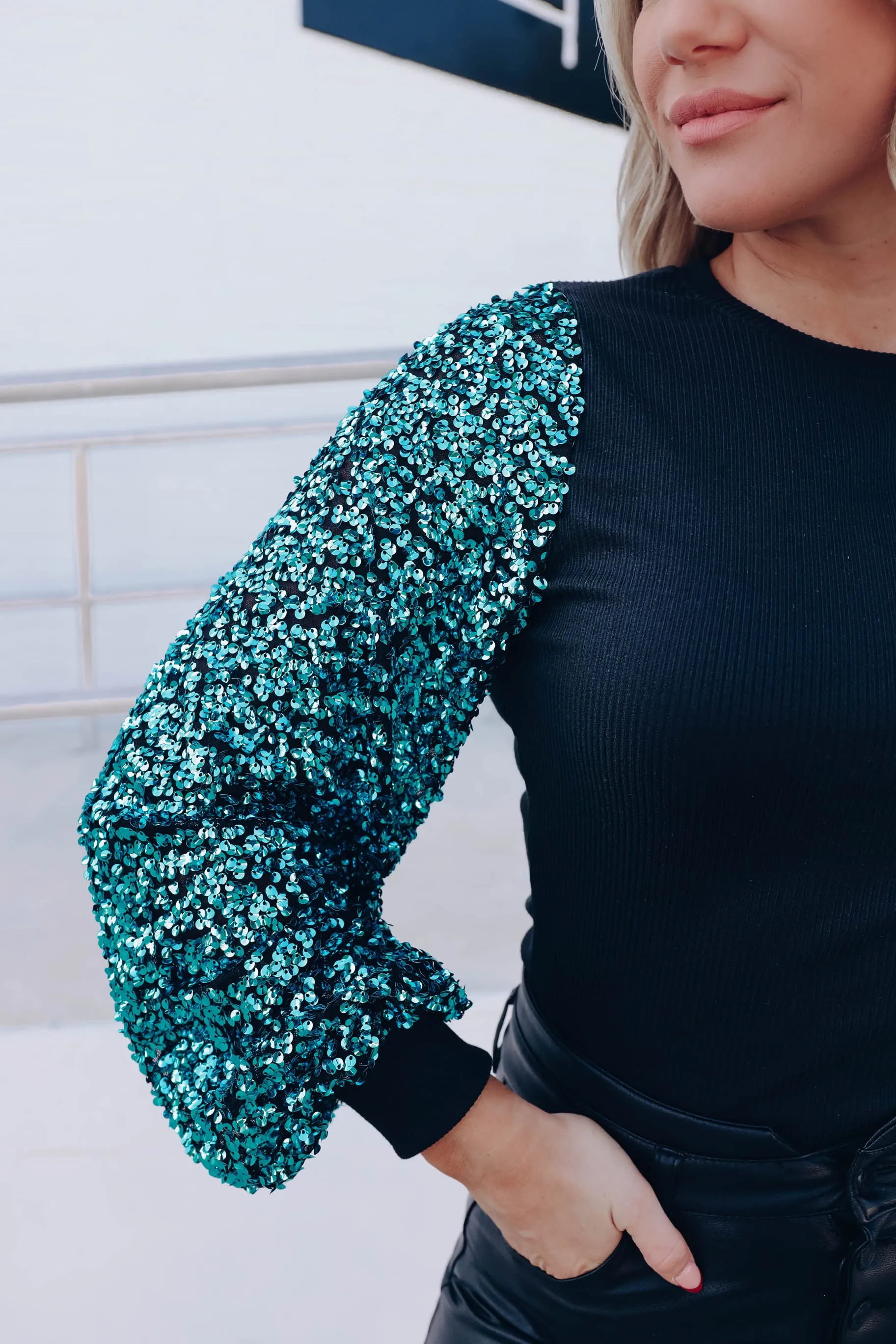 Mystique Sequin Sleeve Bodysuit - Black/Aqua