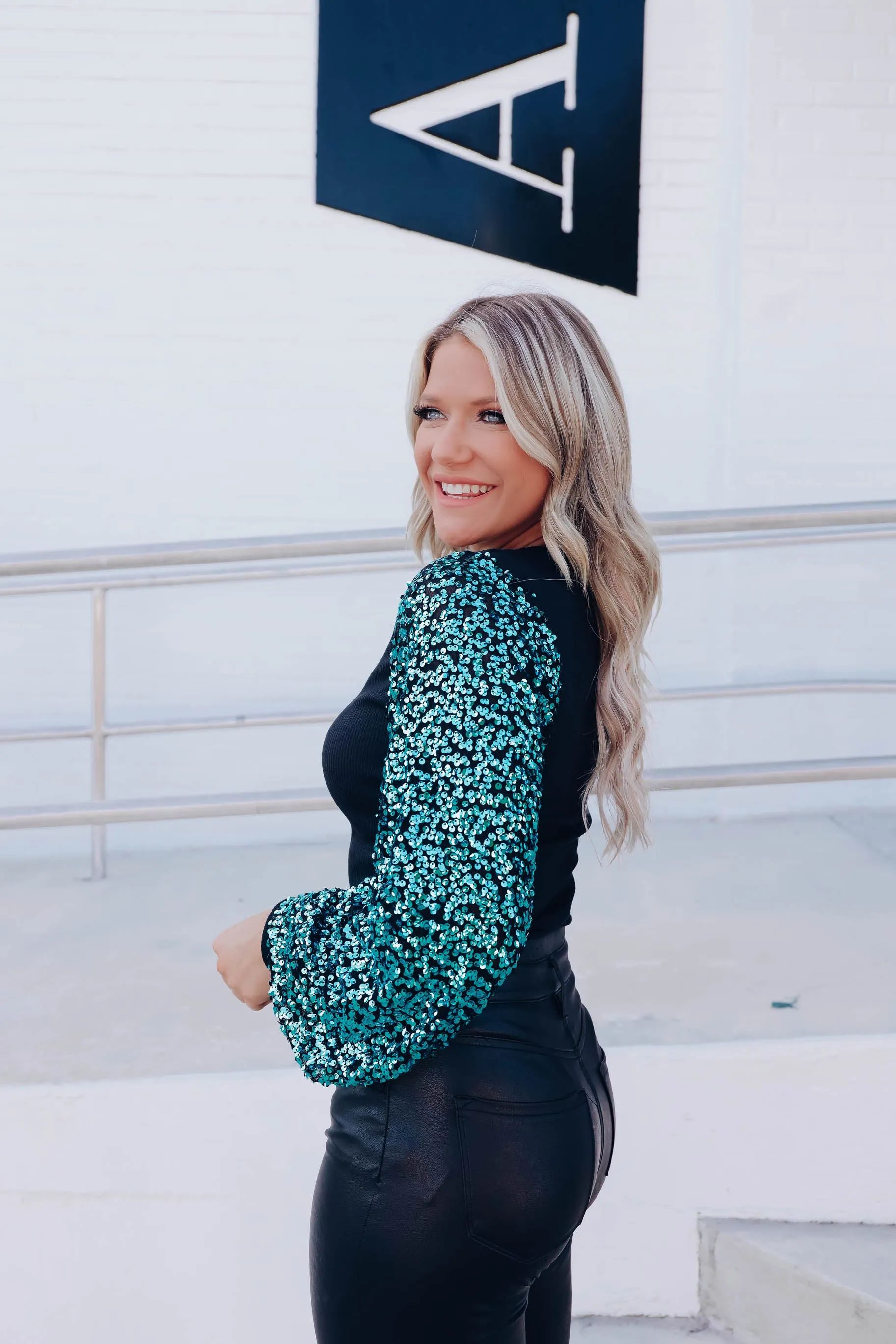 Mystique Sequin Sleeve Bodysuit - Black/Aqua