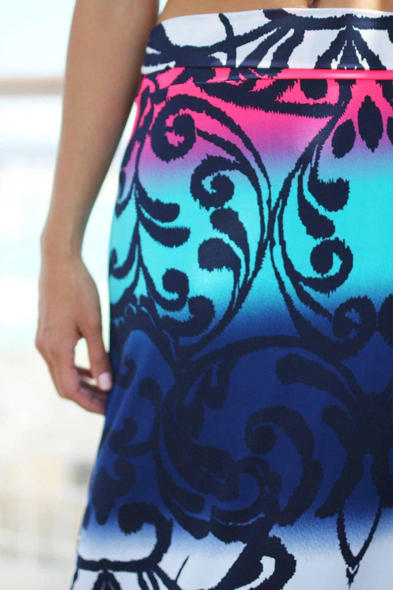 Navy and Neon Pink Printed Maxi Skirt