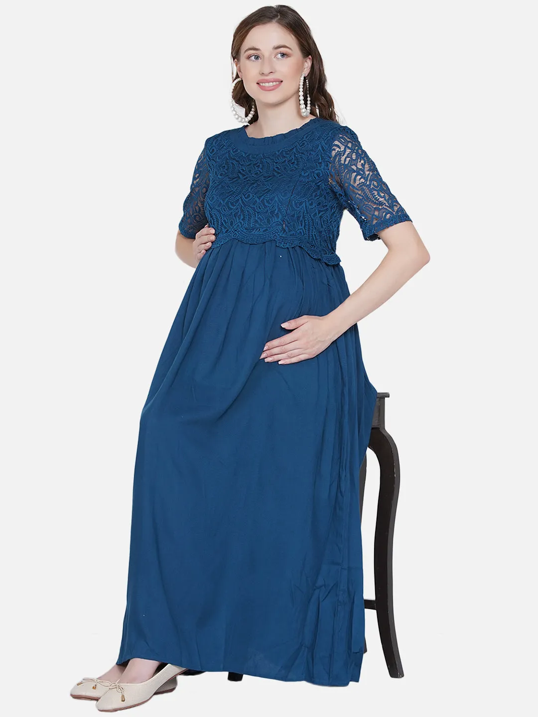 Navy Blue Maternity and Nursing Maxi Dress