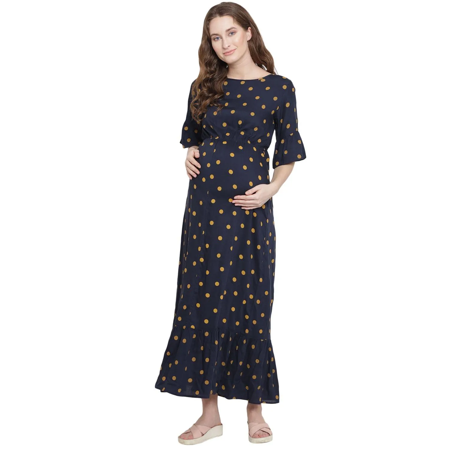 Navy Blue Polka Dot Print Maternity and Nursing Maxi Dress