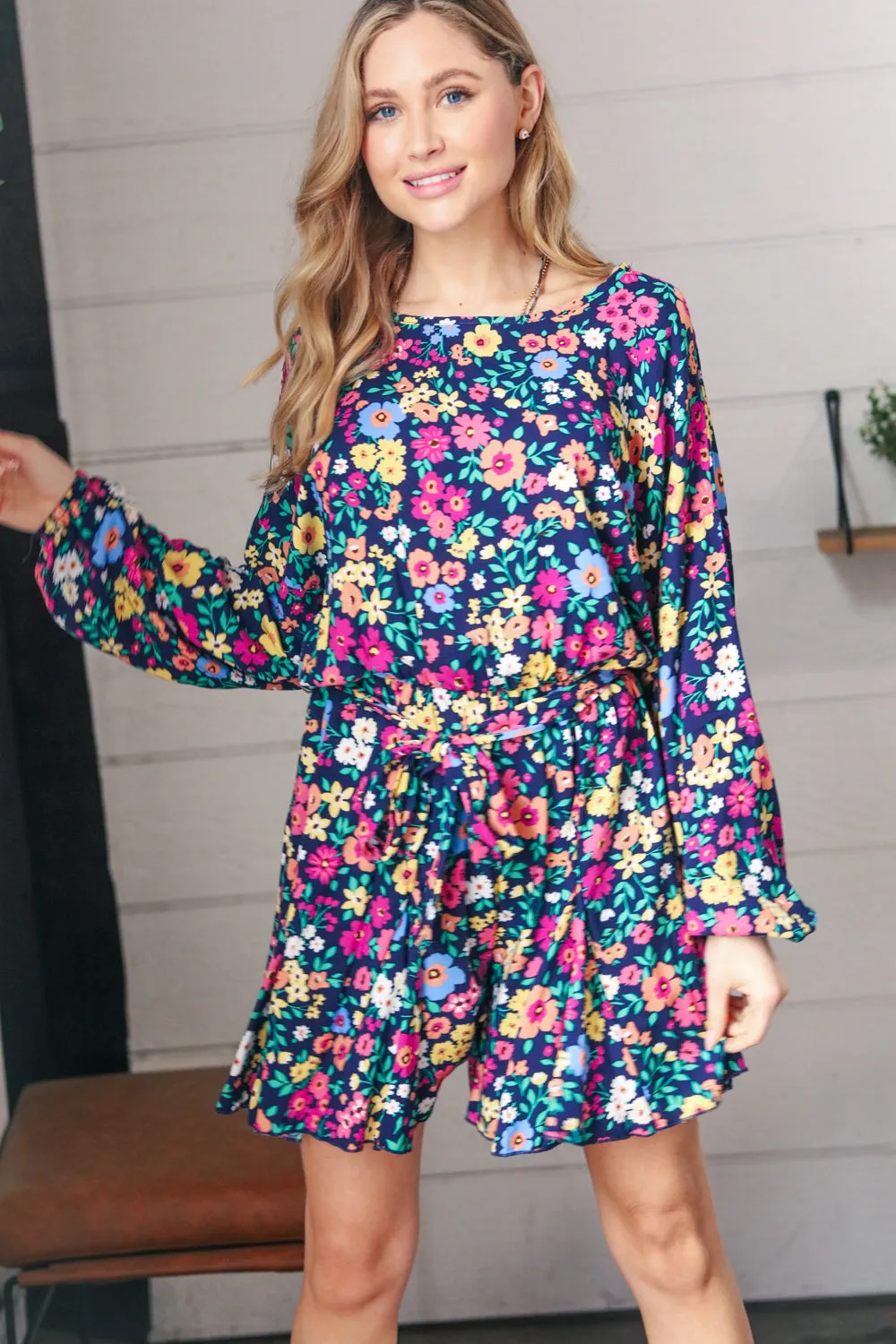 Navy Floral Challis Woven Romper