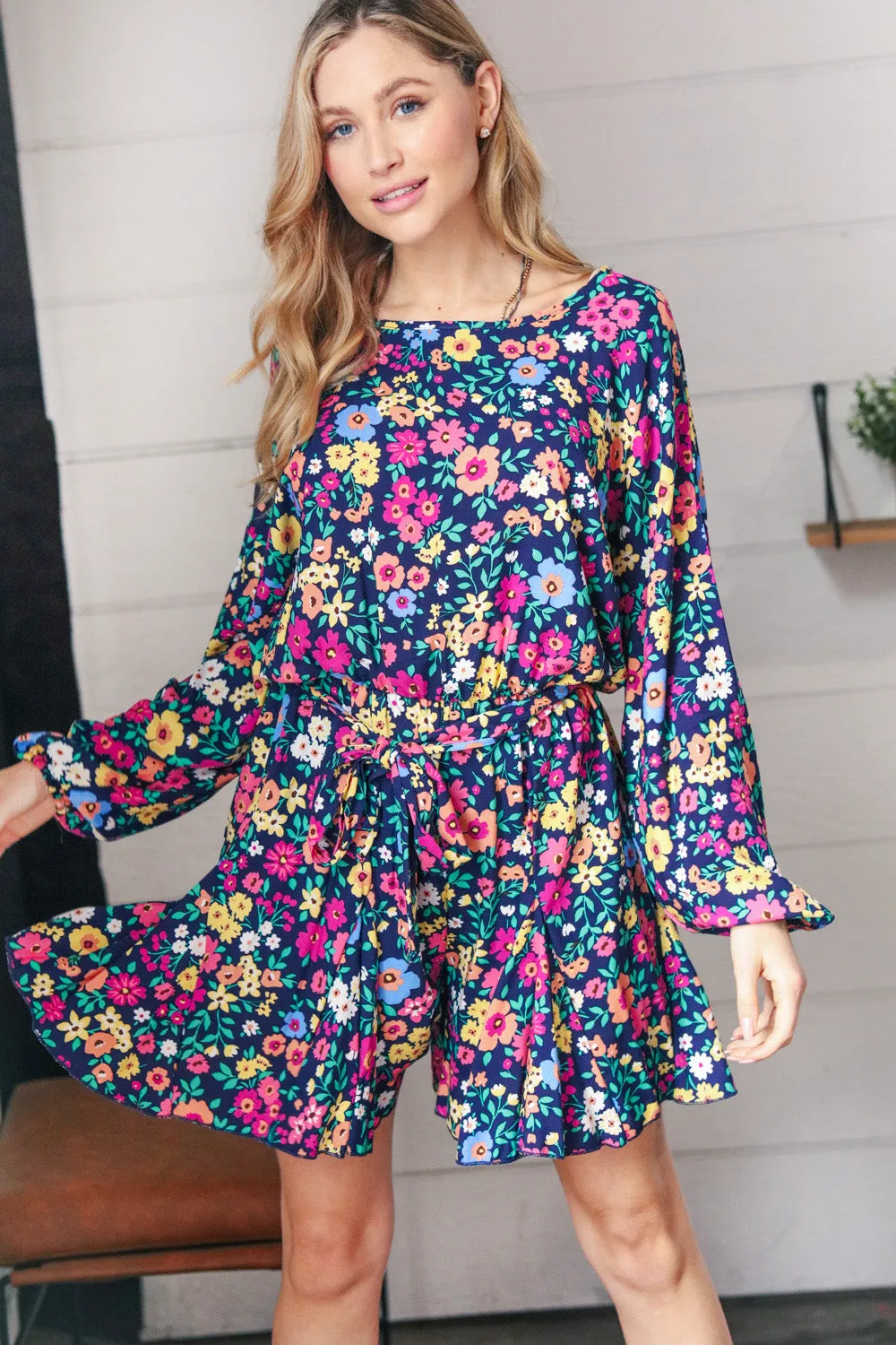 Navy Floral Challis Woven Romper